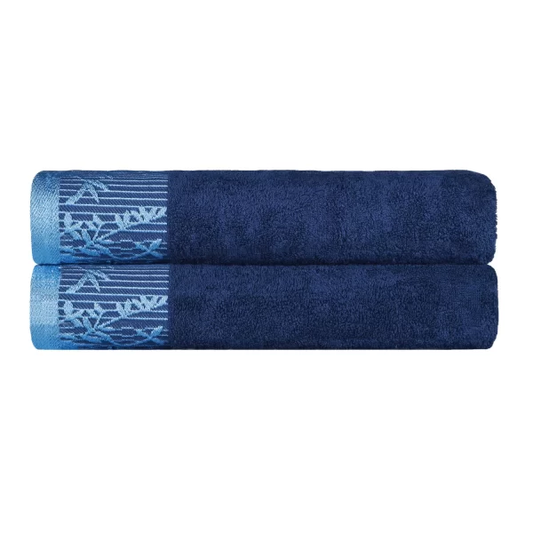 500 Gsm Floral Embroidery Bath Towel Set Of 2 Navy Blue