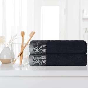 Luxurious 500 Gsm Floral Embroidery Bath Towel Set Of 2 Black