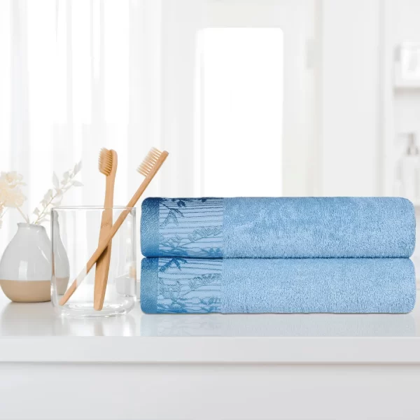 Luxurious 500 Gsm Floral Embroidery Bath Towel Set Of 2 Light Blue