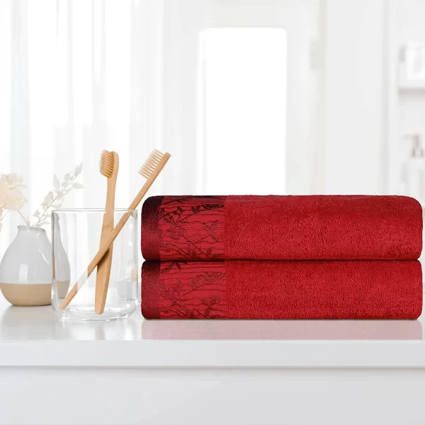 Luxurious 500 Gsm Floral Embroidery Bath Towel Set Of 2 Red Garnet