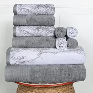 Marble Effect Towel Set Of 10 Luxurious 500 Gsm Cotton Towels Grey