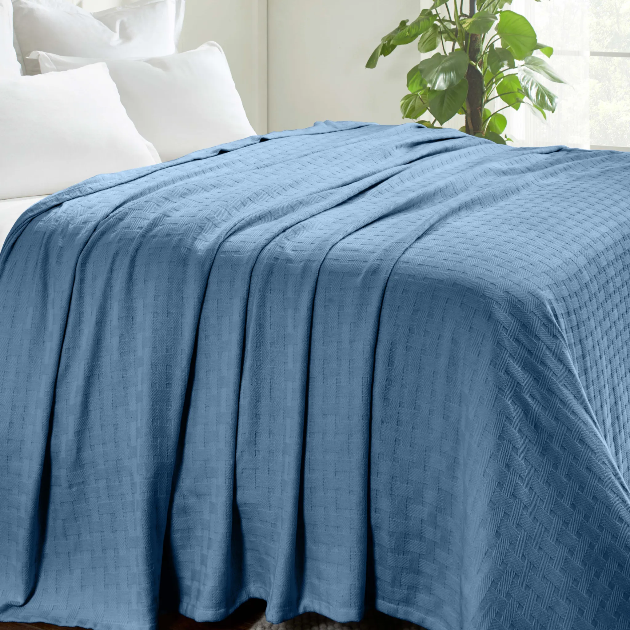 All Season Basket Weave Cotton Blanket Denim Blue