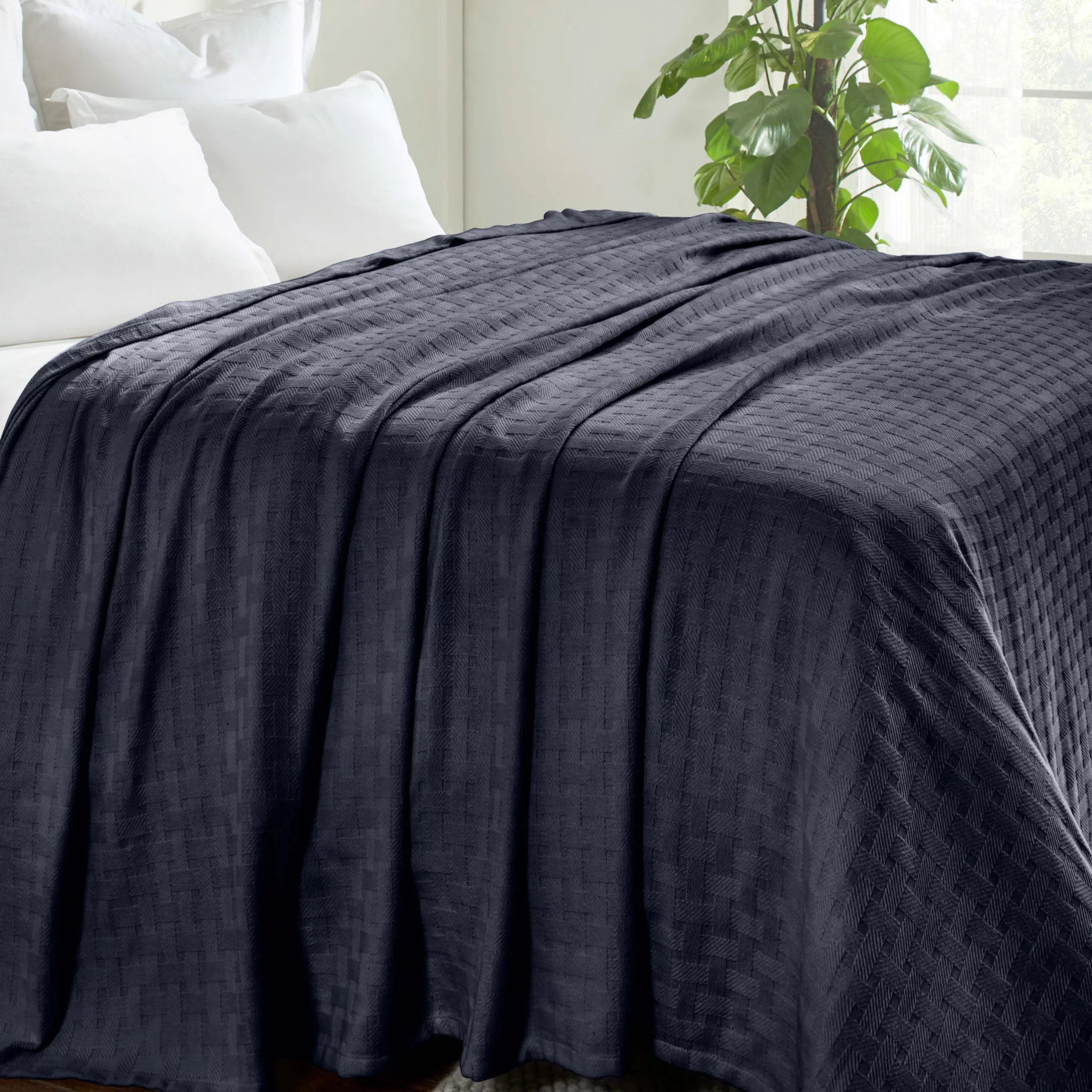 All Season Basket Weave Cotton Blanket Navy Blue