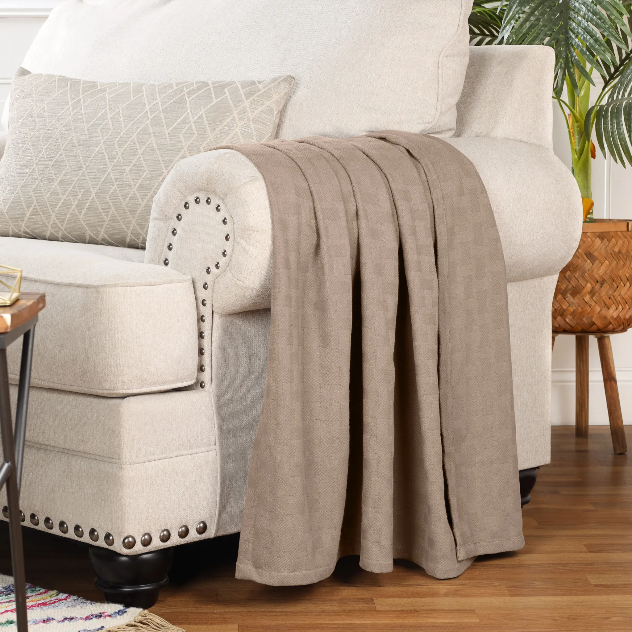 All Season Basket Weave Throw Blanket Khaki