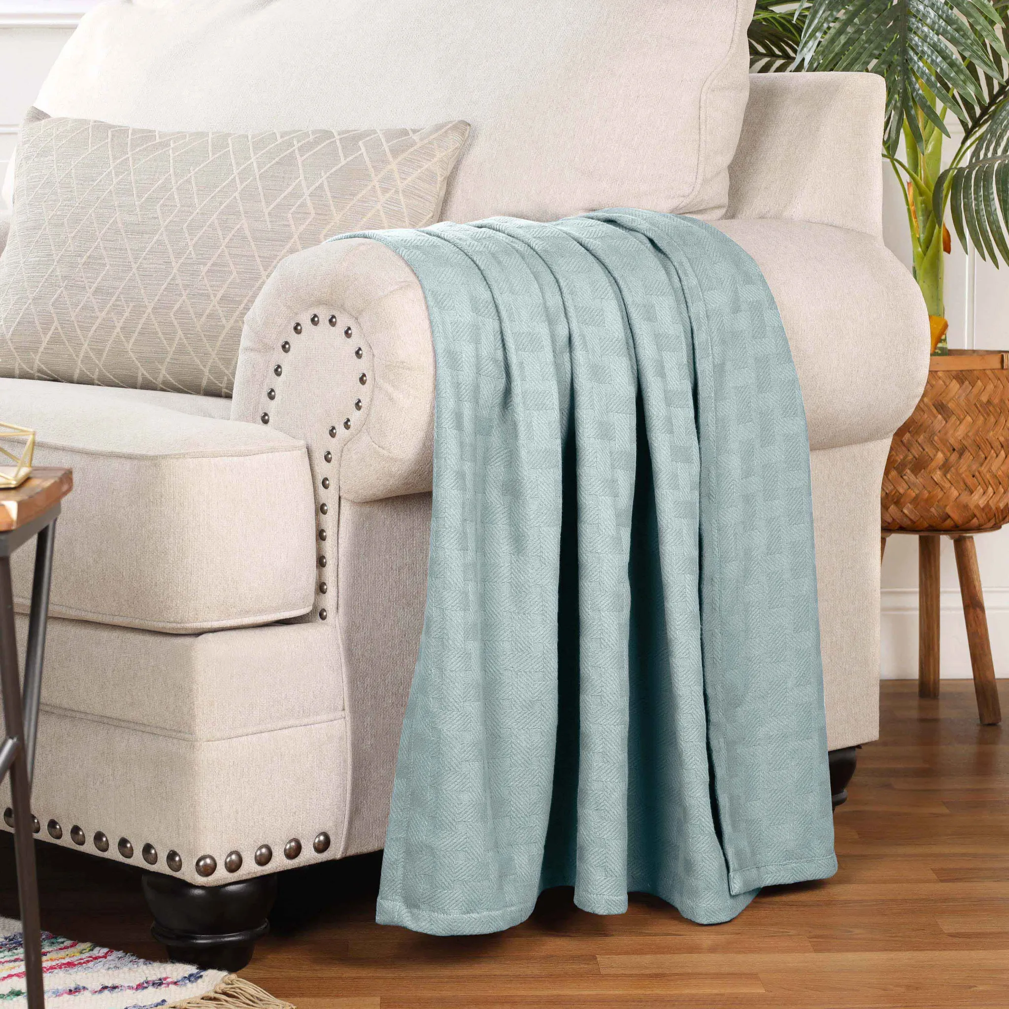 All Season Basket Weave Throw Blanket Light Blue