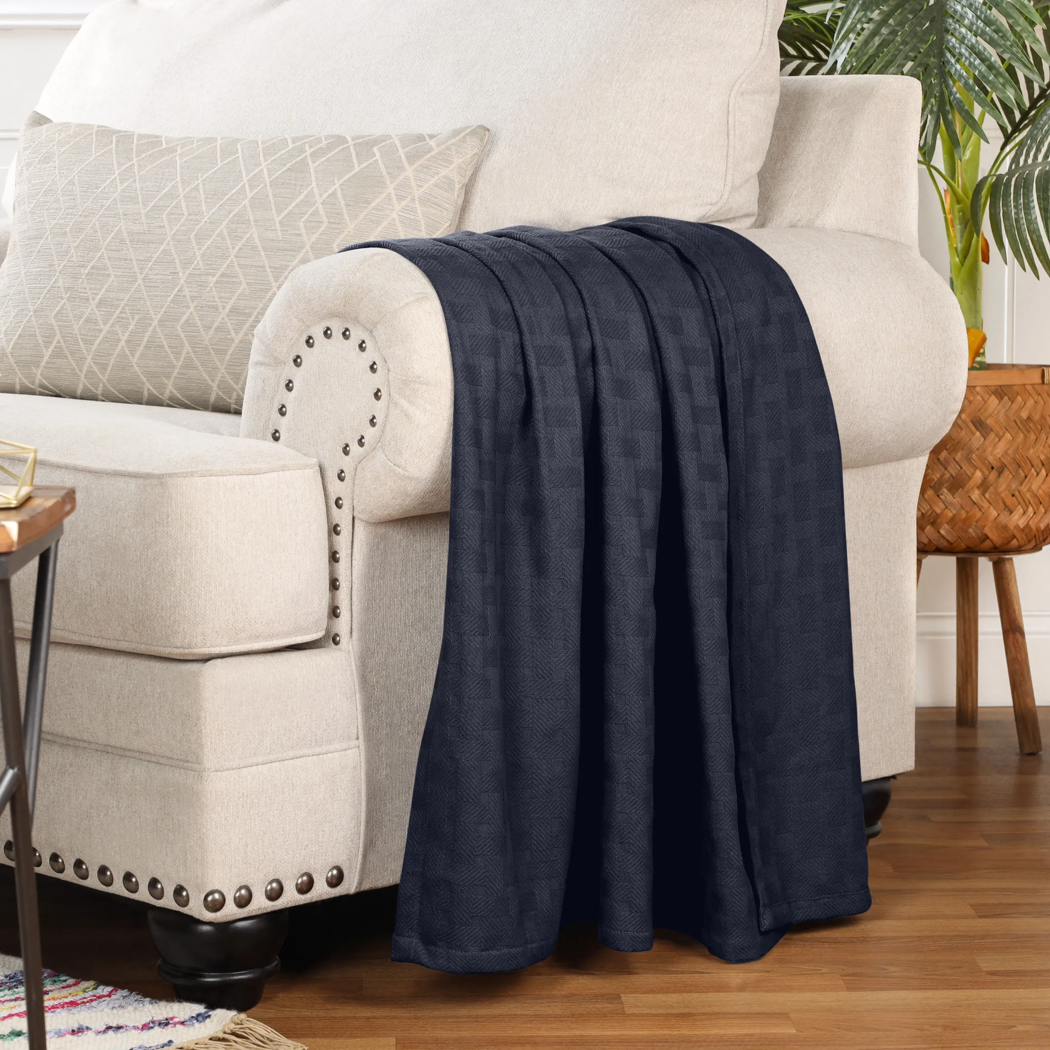 All Season Basket Weave Throw Blanket Navy Blue