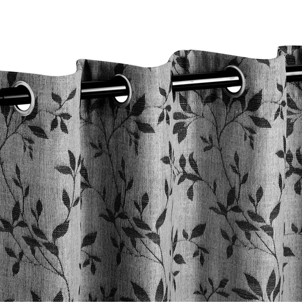 Floral Semi Sheer Curtains Set Of 2 Grommets Jacquard Leaf Pattern Curtain Panels Grey Black