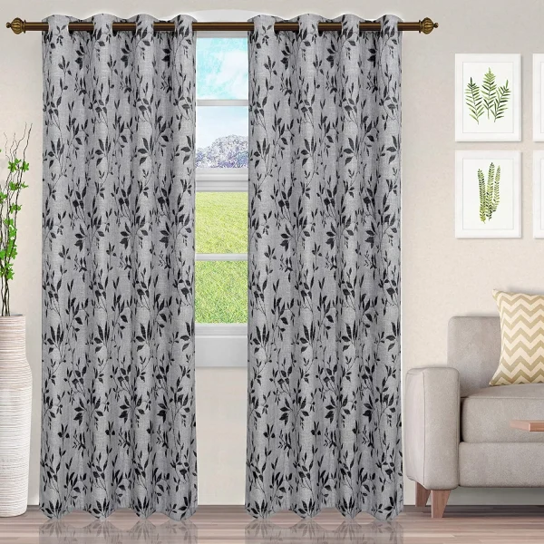 Floral Semi-Sheer Curtains Set Of 2 Jacquard Medium Opacity Curtain Panels Grey Black
