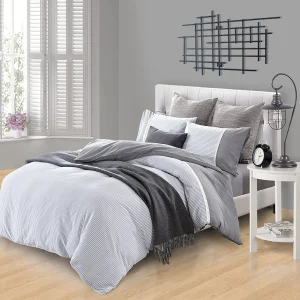 Cotton Striped Duvet Cover Set With Crocheted Lace Trim And Chambray Details