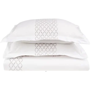 Diamond Trellis Embroidered Duvet Cover Set With Pillow Shams White Grey
