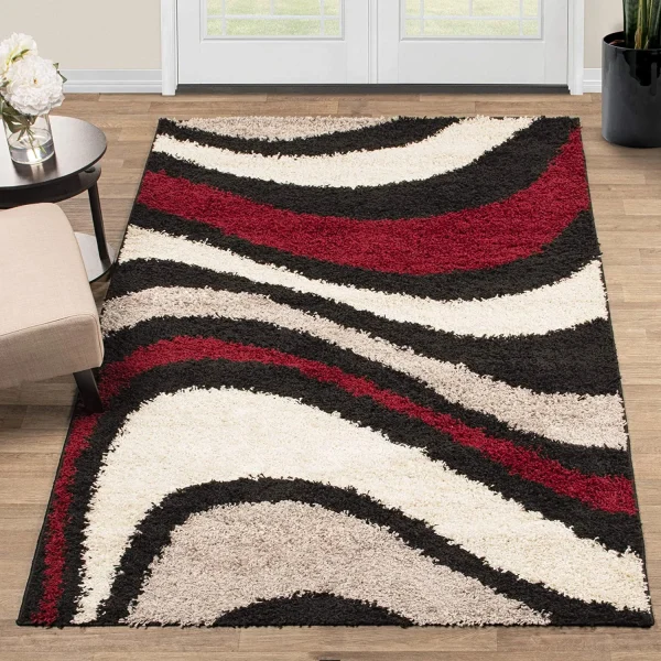 Abstract Waves Shag Rug Black Red Cream