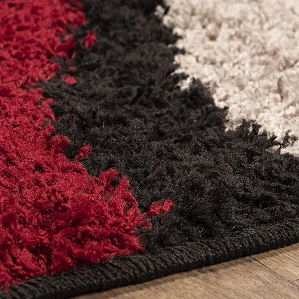 Abstract Waves Shag Rug In Black Red Cream