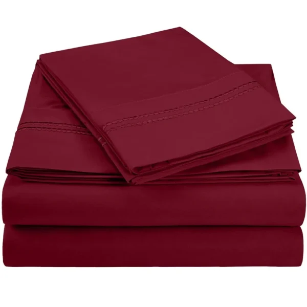Burgundy Microfiber Bed Sheets Set With 2 Line Dotted Embroidery