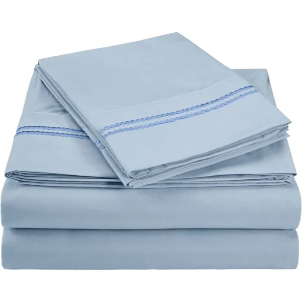 Light Blue Microfiber Bed Sheets Set With 2 Line Dotted Embroidery
