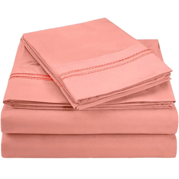Pink Microfiber Bed Sheets Set With 2 Line Dotted Embroidery