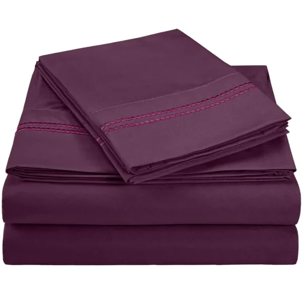 Plum Microfiber Bed Sheets Set With 2 Line Dotted Embroidery