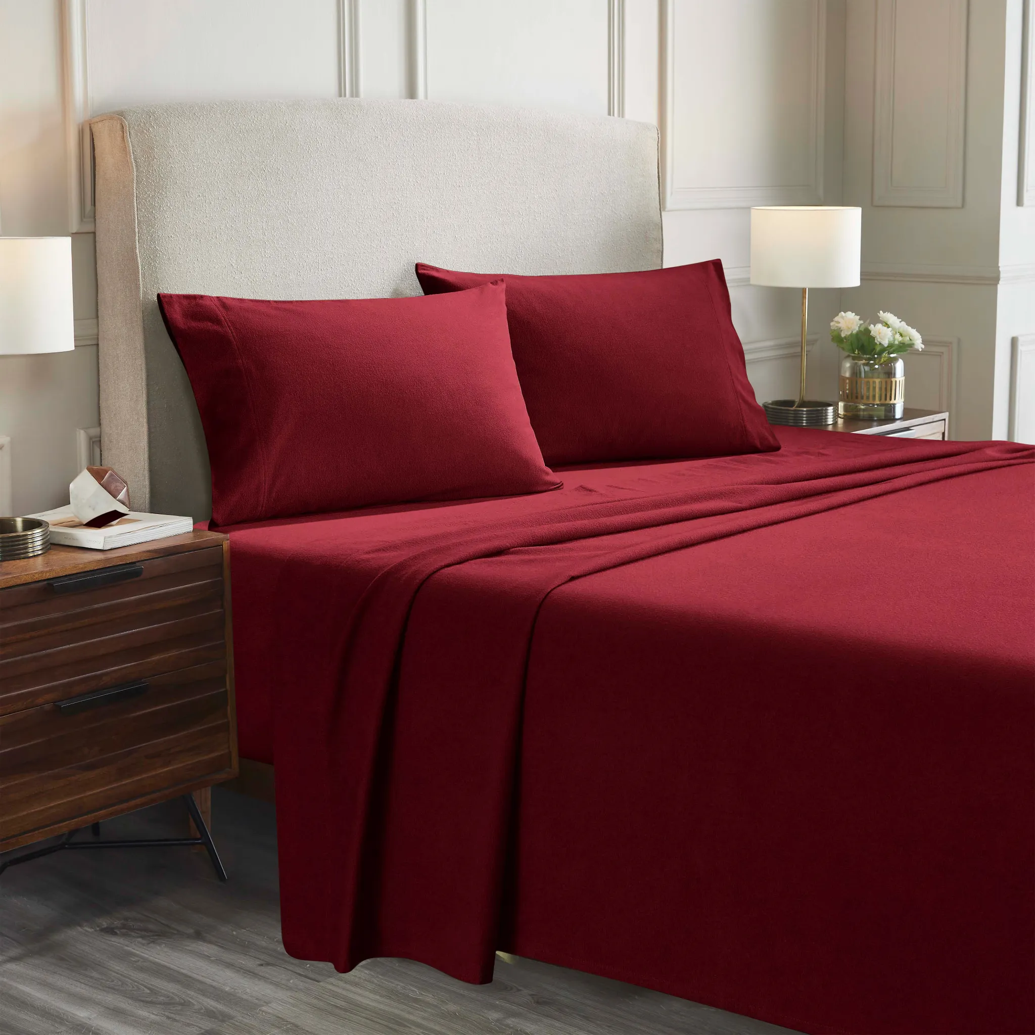 Flannel Bed Sheet Set Cotton Sheets Pillowcases Burgundy