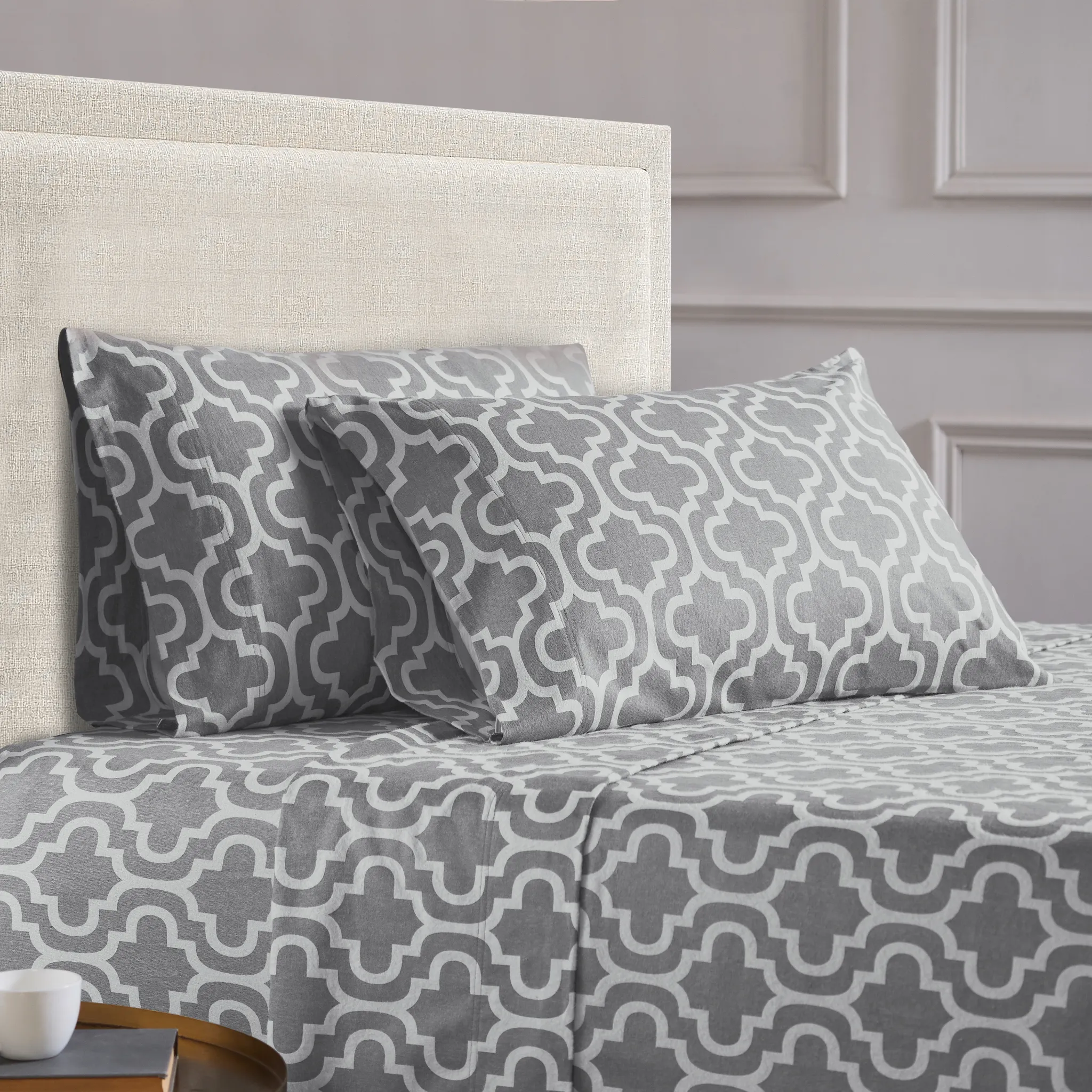 Trellis Flannel Bed Sheet Set Cotton Grey