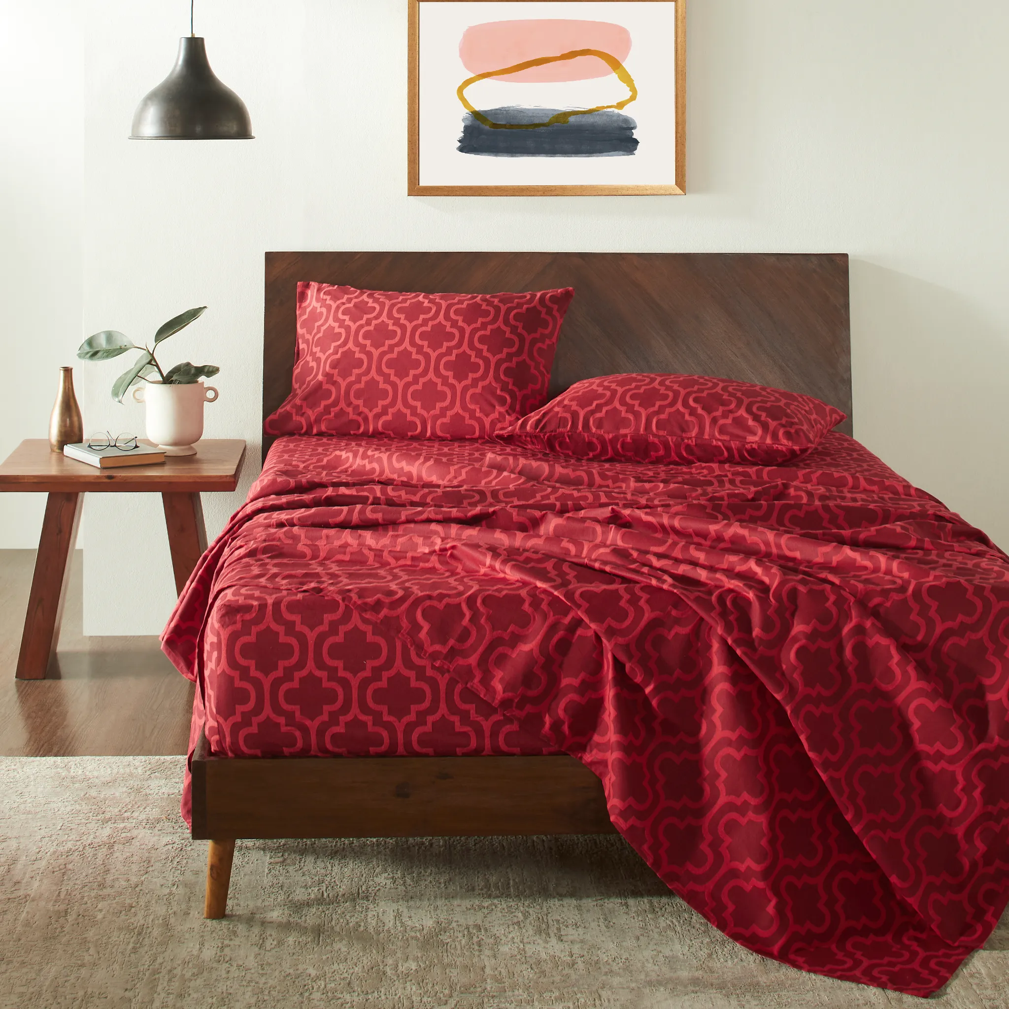Trellis Flannel Bed Sheet Set Cotton Sheets Pillowcases Burgundy