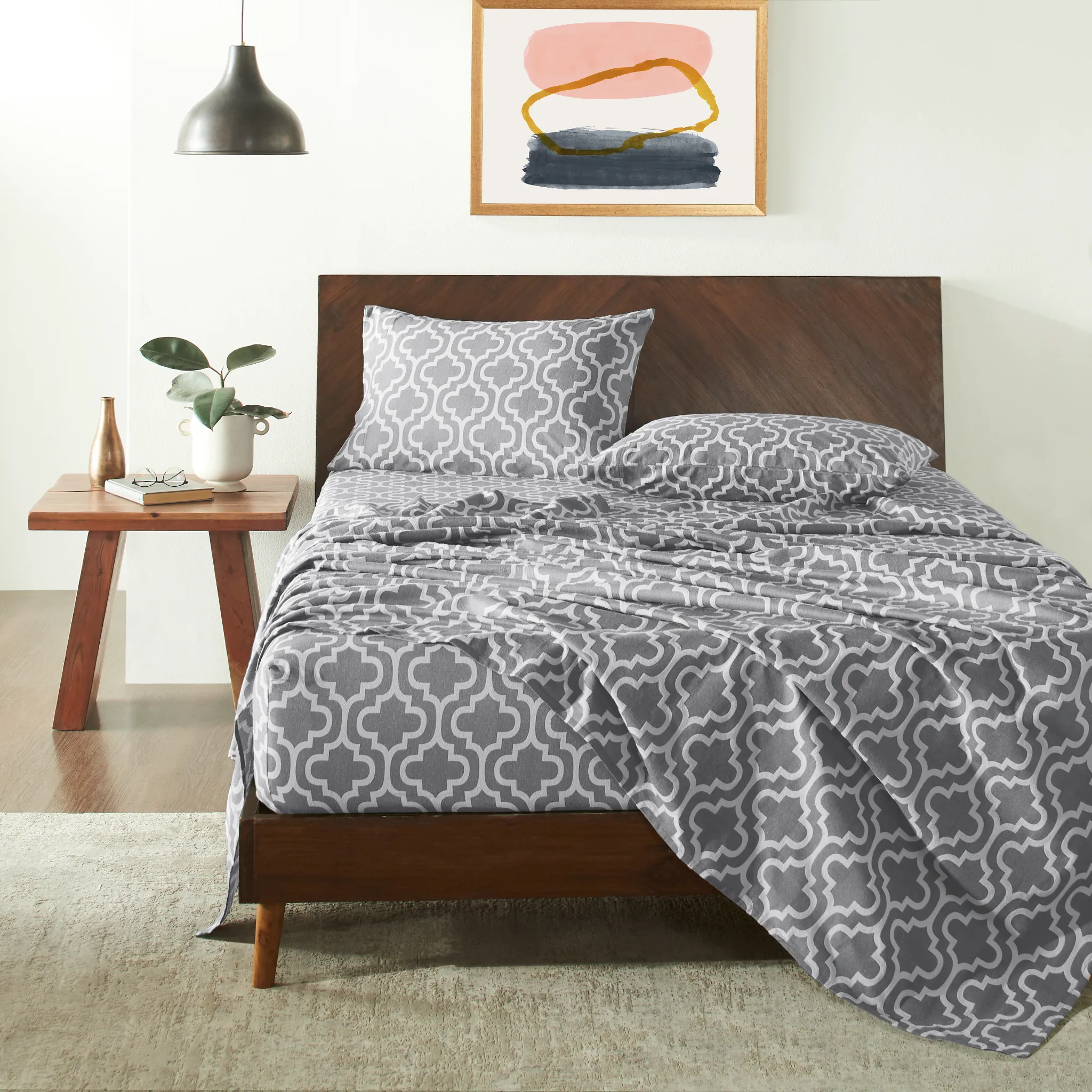 Trellis Flannel Bed Sheet Set Cotton Sheets Pillowcases Grey