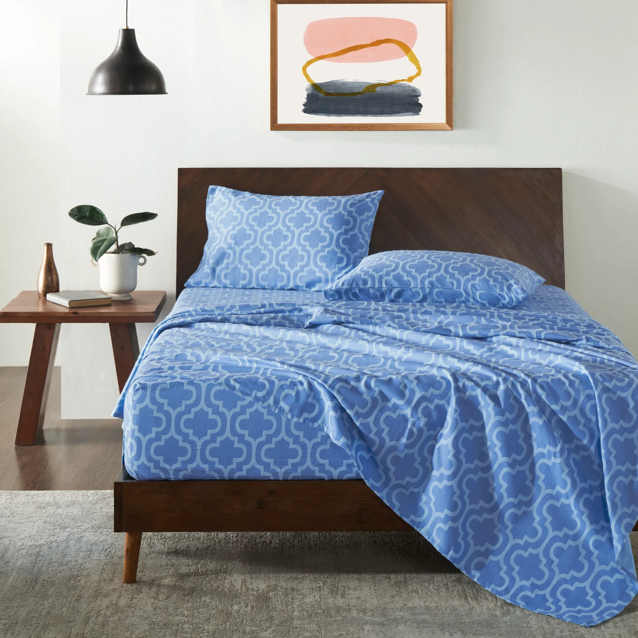 Trellis Flannel Bed Sheet Set Cotton Sheets Pillowcases Light Blue