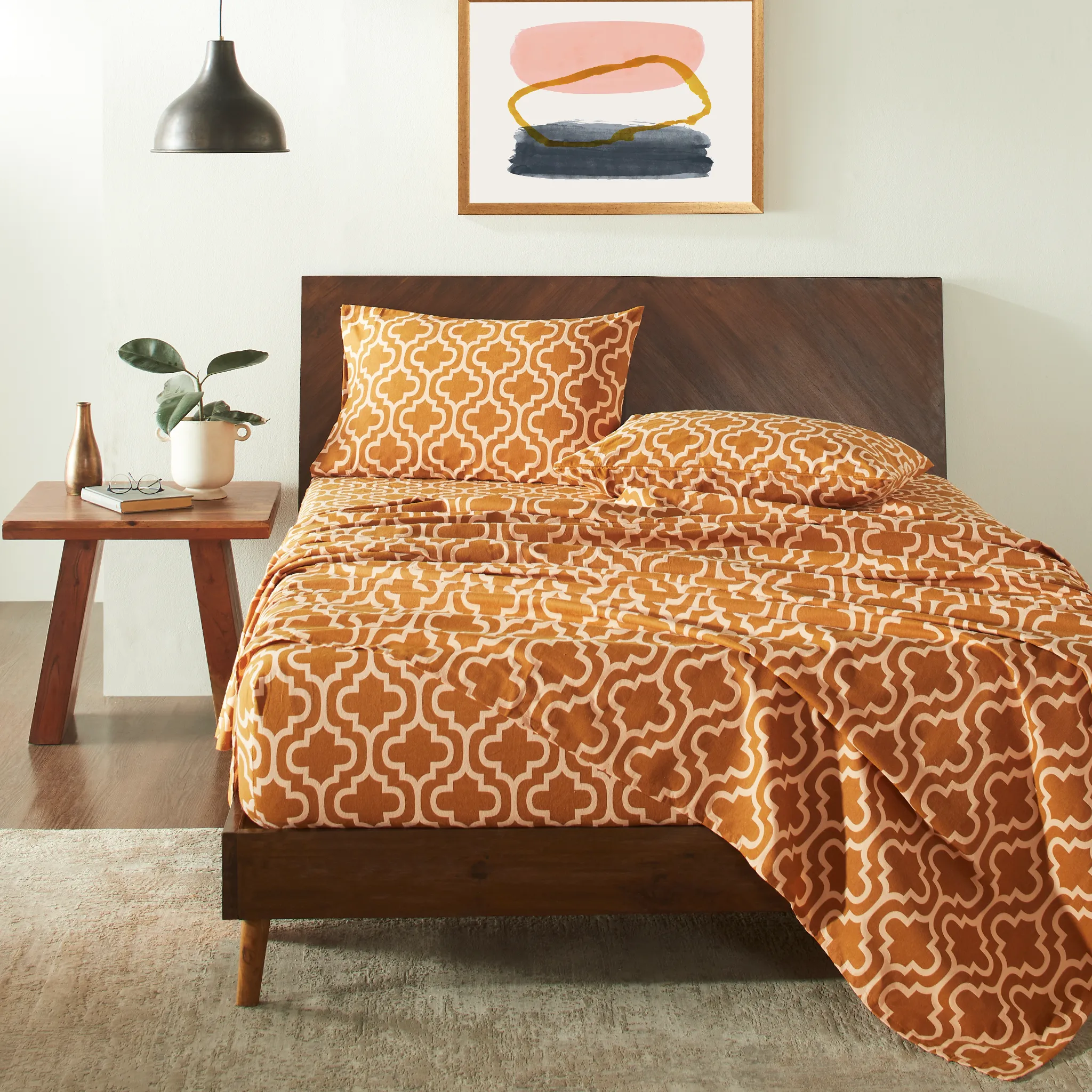 Trellis Flannel Bed Sheet Set Cotton Sheets Pillowcases Pumpkin