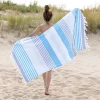 460 Gsm Cotton Oversize Fouta Towel Quick Dry Striped Beach Towels With Fringes Sky Blue