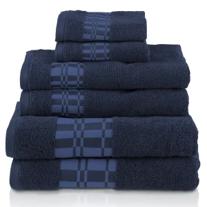 550 Gsm Cotton Towel Set Of 6 Checkered Border Navy Blue