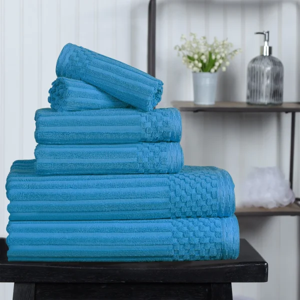600 Gsm Textured Towel Set Hand Face Bath Ribbed Towels Azure Blue