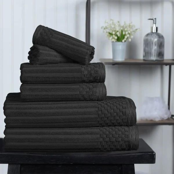 600 Gsm Textured Towel Set Hand Face Bath Ribbed Towels Black