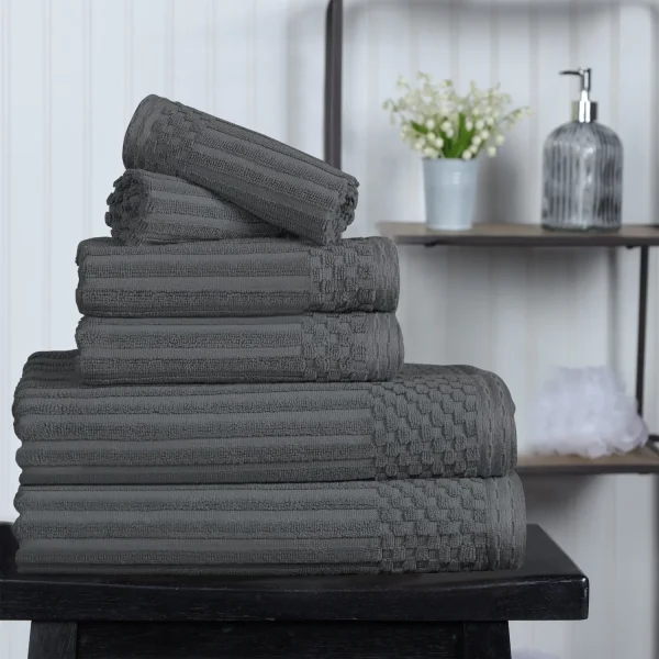 600 Gsm Textured Towel Set Hand Face Bath Ribbed Towels Charcoal Grey