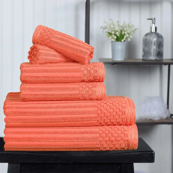 600 Gsm Textured Towel Set Hand Face Bath Ribbed Towels Coral