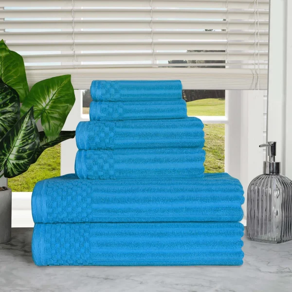 600 Gsm Textured Towel Set Of 6 Ribbed Towels Azure Blue