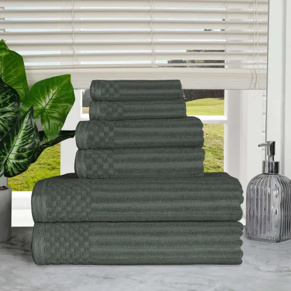 600 Gsm Textured Towel Set Of 6 Ribbed Towels Pine Green