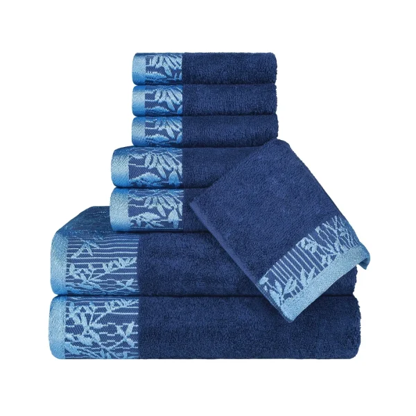 500 Gsm Floral Embroidery Towel Set Of 8 Navy Blue