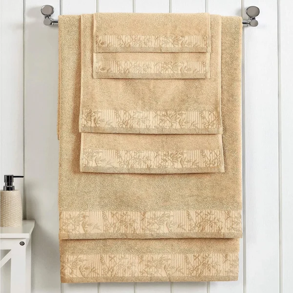 Beige Cotton Bath Towels With Floral Embroidery