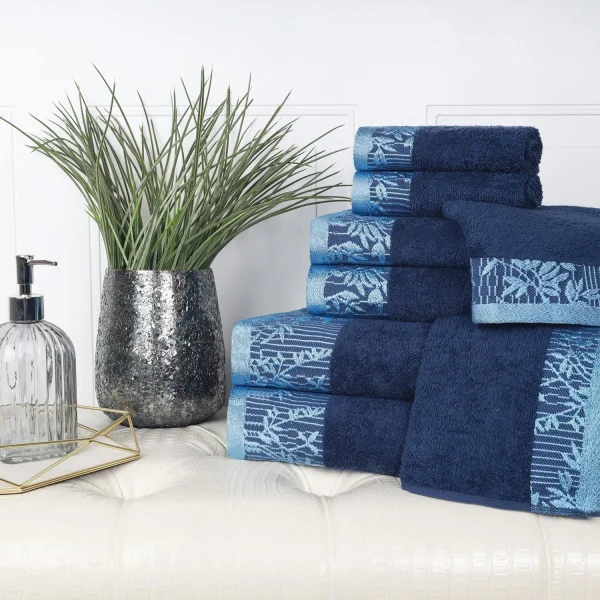 Luxurious 500 Gsm Floral Embroidery Towel Set Of 8 Navy Blue