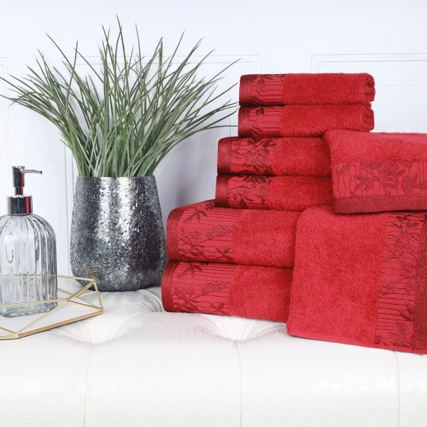 Luxurious 500 Gsm Floral Embroidery Towel Set Of 8 Red