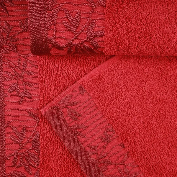 Luxurious 500 Gsm Towel Set Floral Embroidered Border Red