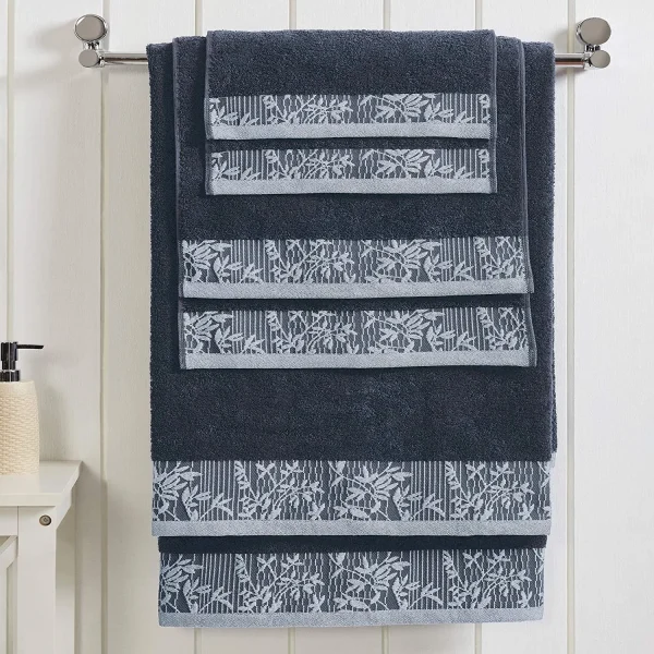 Navy Blue Cotton Bath Towels With Floral Embroidery