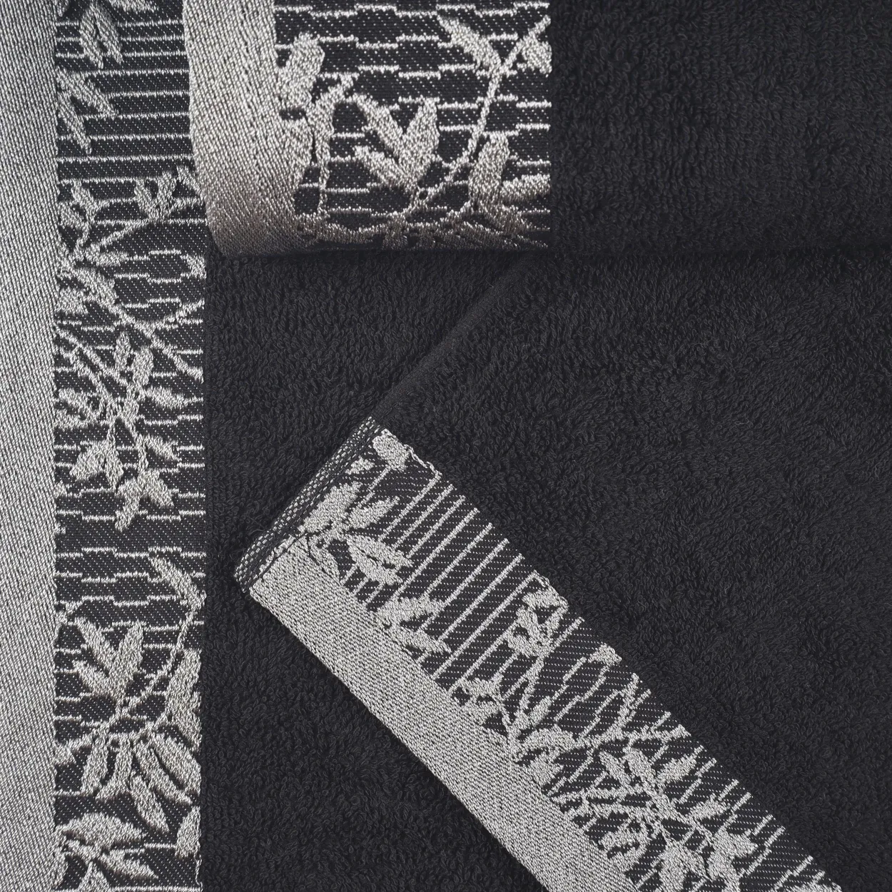 Cotton Bath Towel Set Floral Embroidery Black Grey