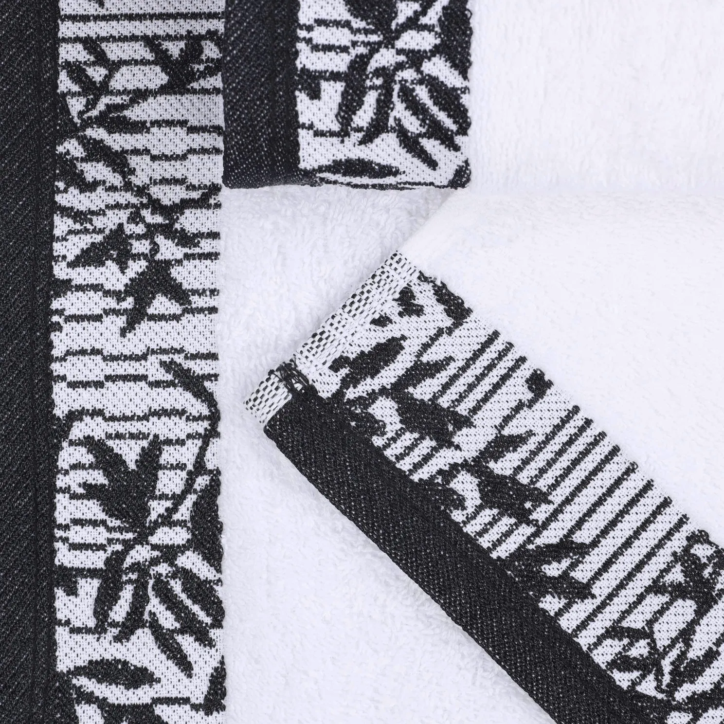 Cotton Bath Towel Set Floral Embroidery White Black