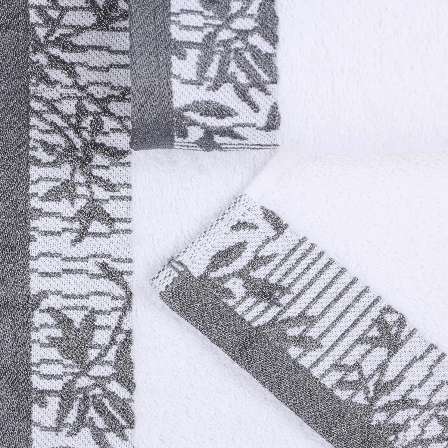 Cotton Bath Towel Set Floral Embroidery White Grey