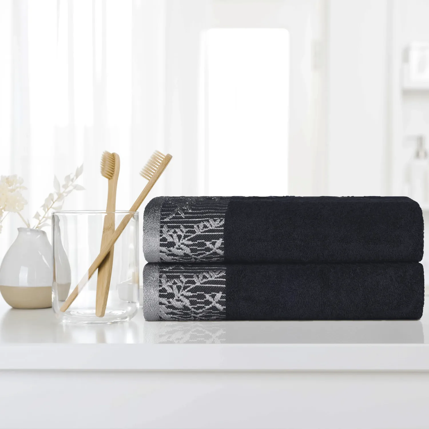 Floral Border Cotton Bath Towel Set Of 2 Black Grey Towels