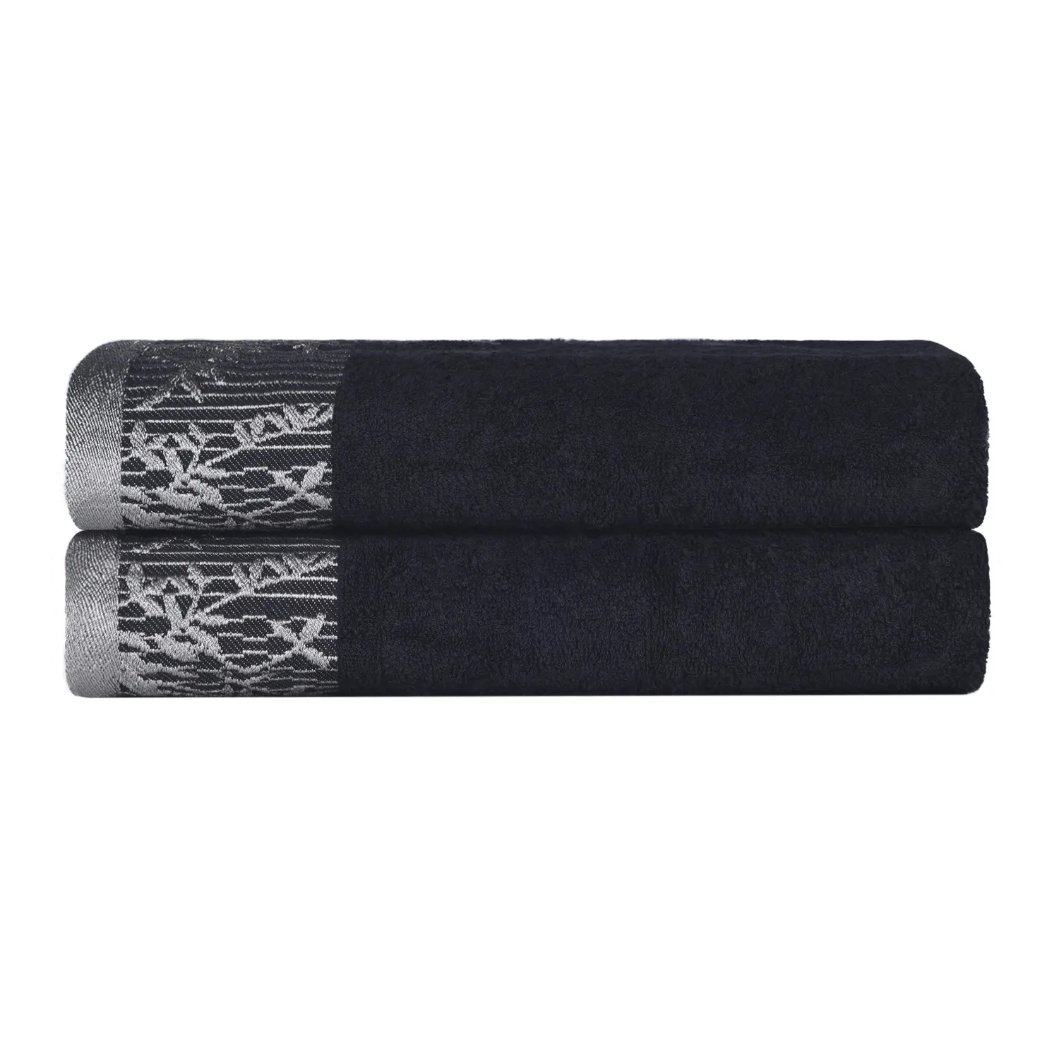 Floral Border Cotton Bath Towel Set Of 2 Black Grey