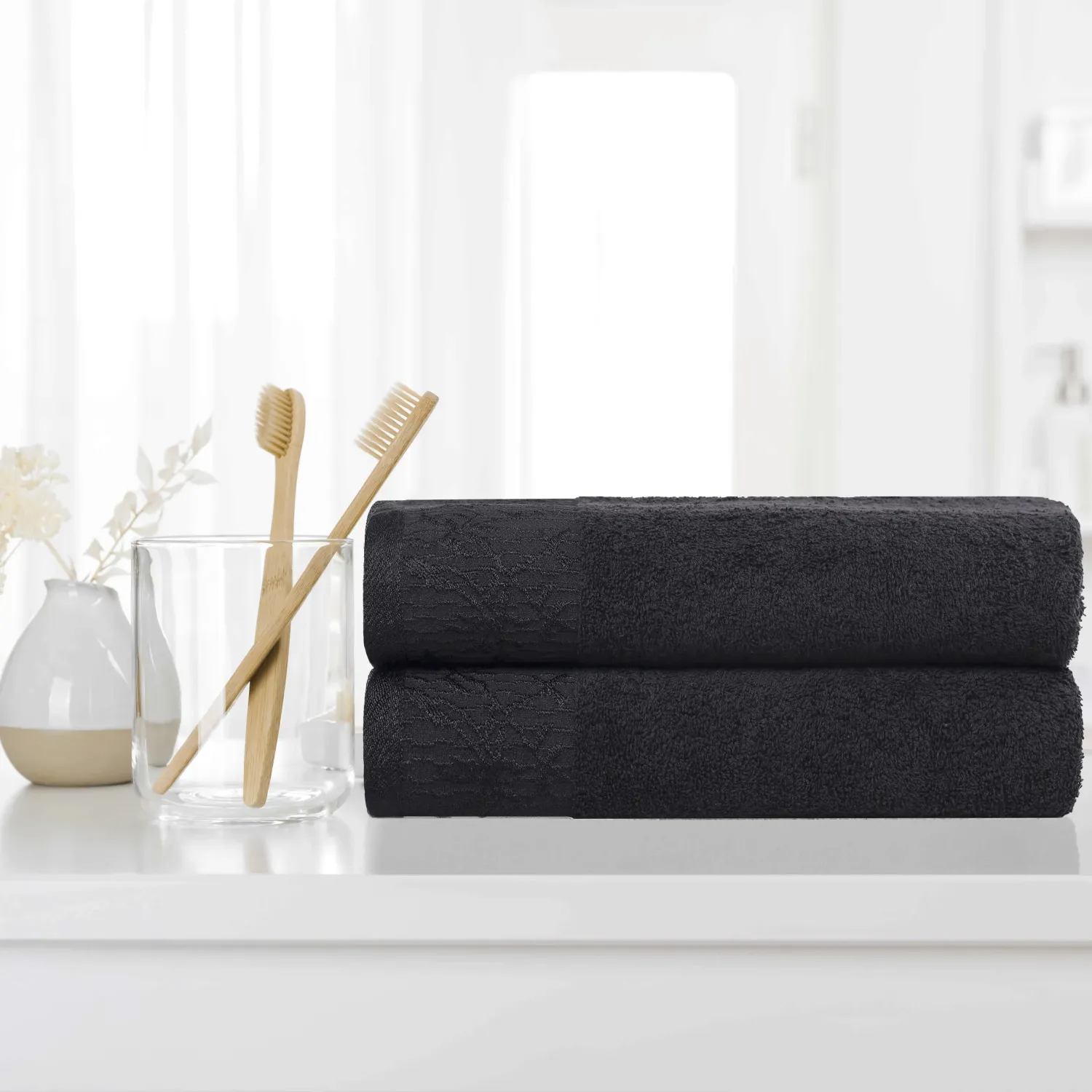 Floral Border Cotton Bath Towel Set Of 2 Black Towels