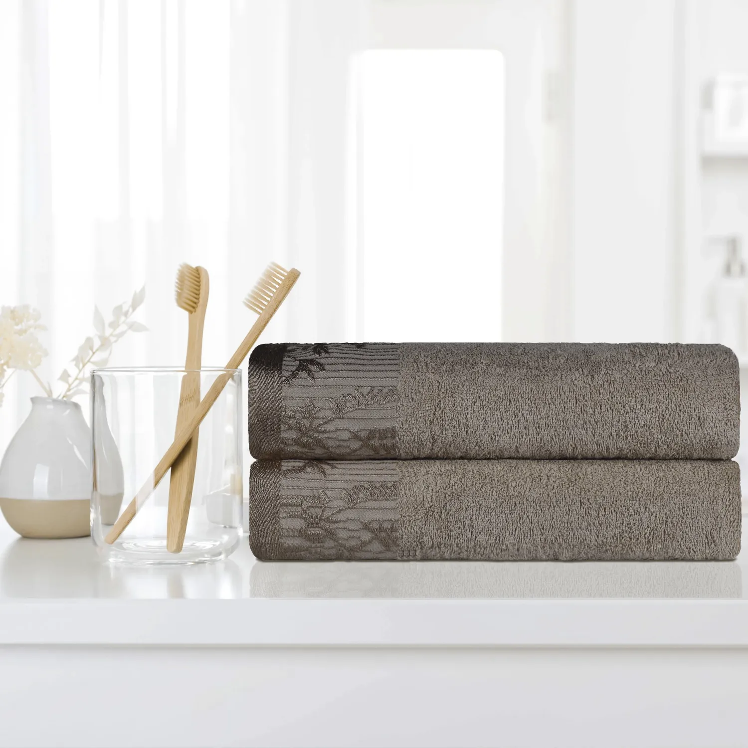 Floral Border Cotton Bath Towel Set Of 2 Frappe Towels