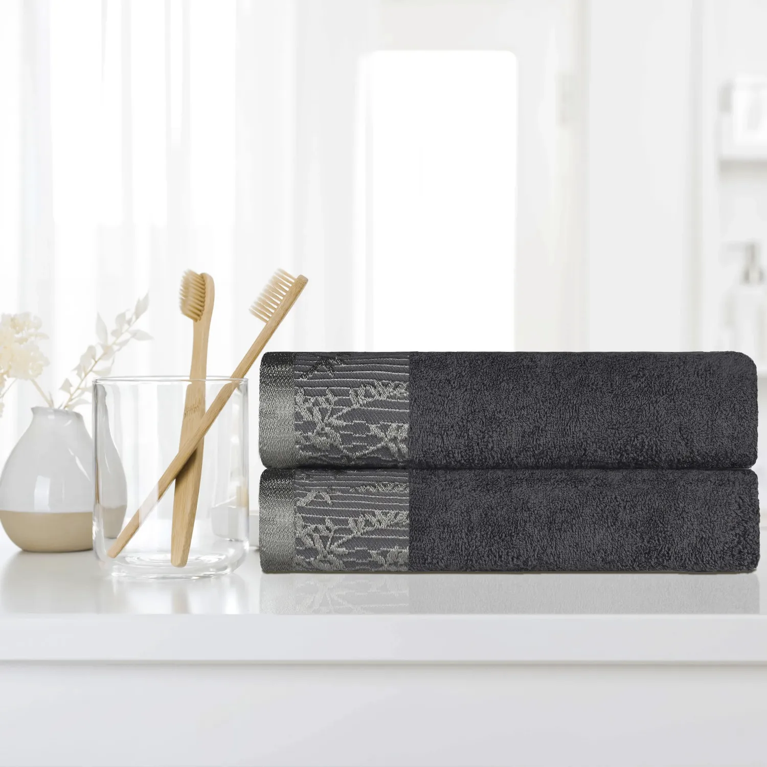 Floral Border Cotton Bath Towel Set Of 2 Grey Towels