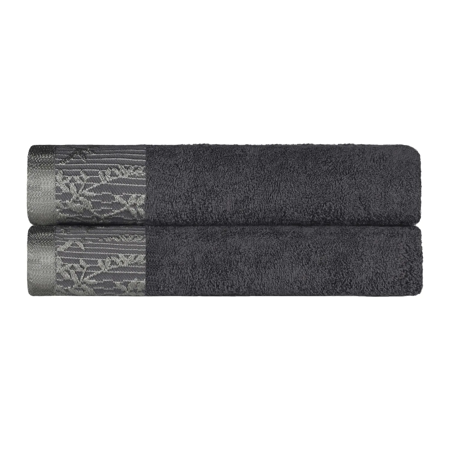 Floral Border Cotton Bath Towel Set Of 2 Grey