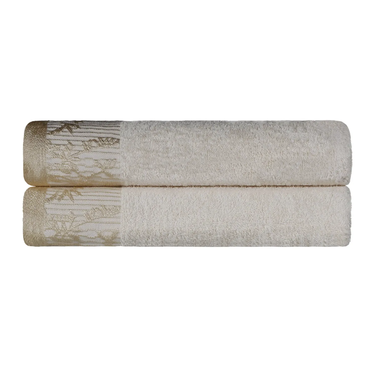 Floral Border Cotton Bath Towel Set Of 2 Ivory